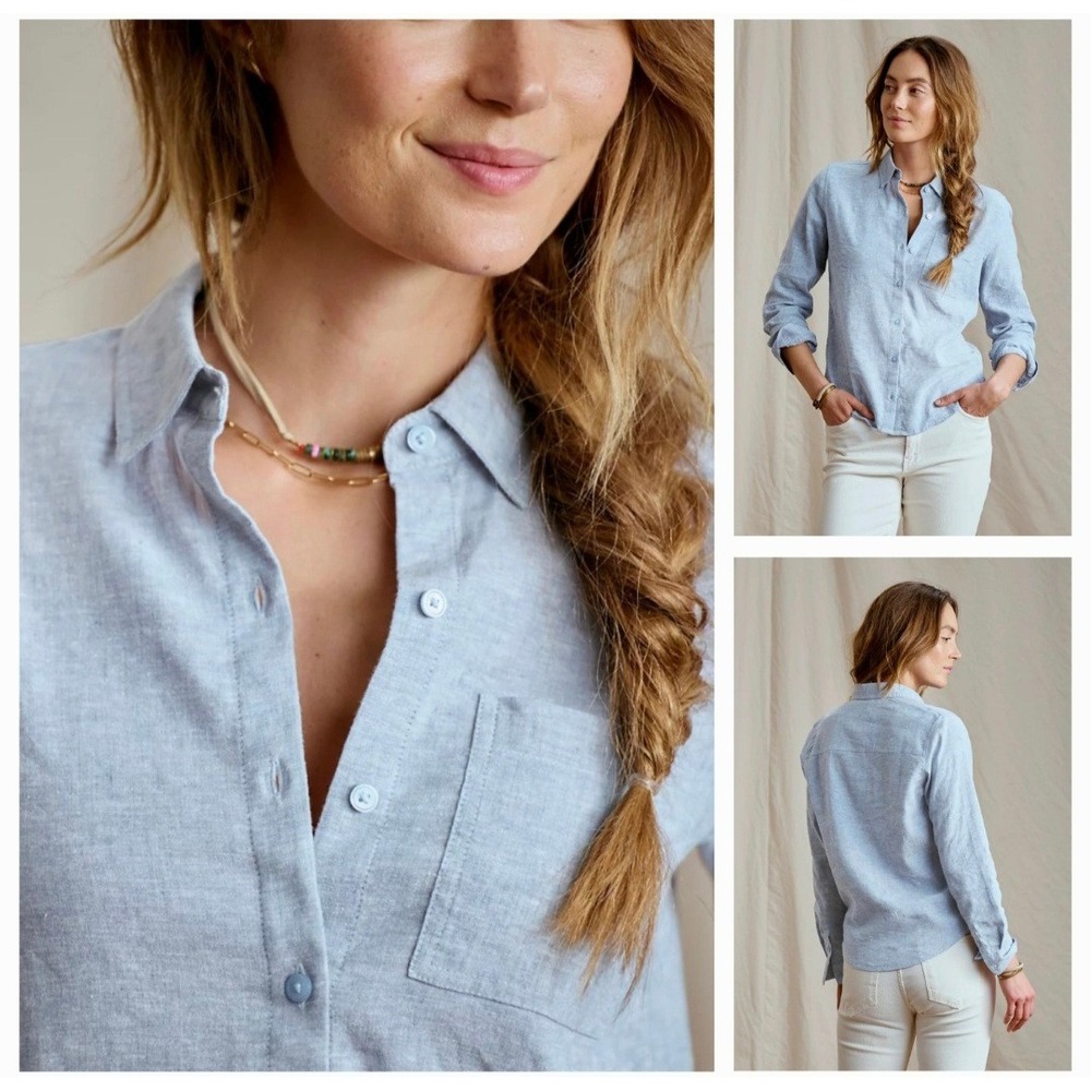 Orvis Womens Light Blue Linen Blend LS Button-Up Blouse Top Size Medium NWT